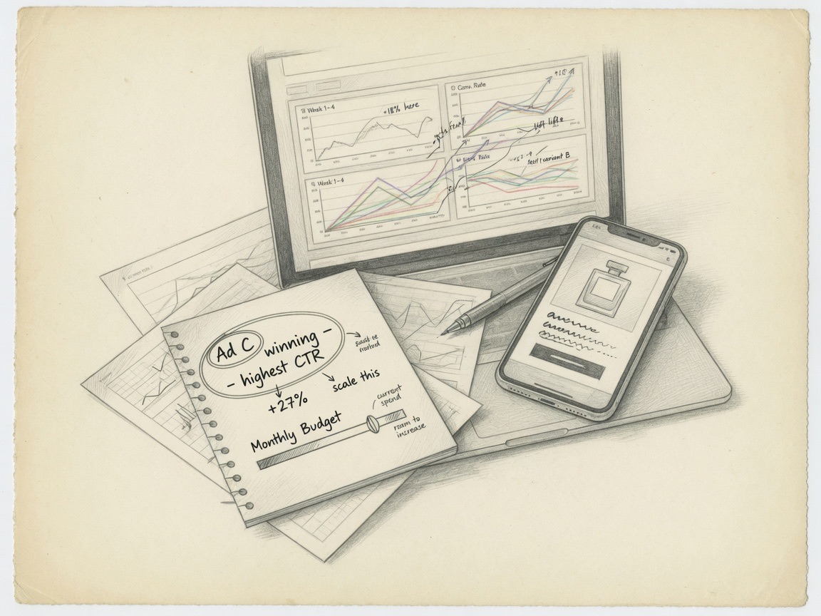 Pencil drawing of an ads dashboard being annotated and a winning ad circled.
