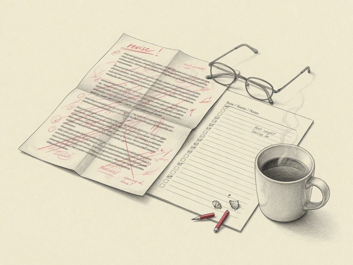 Pencil drawing of human QA: a marked-up campaign draft, checklist, glasses, and coffee.