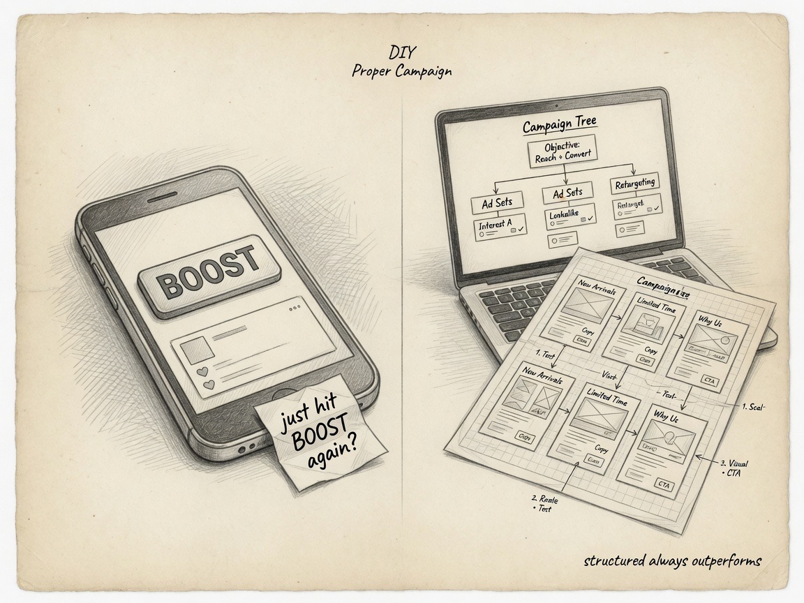 Pencil drawing comparing a single Boost button with a structured campaign tree.